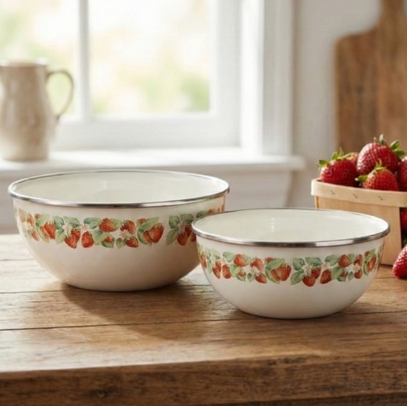 Vintage Other - Vintage Kobe Enamel Strawberry Nesting Bowls Set of 2 Cottagecore Kitchen 80s